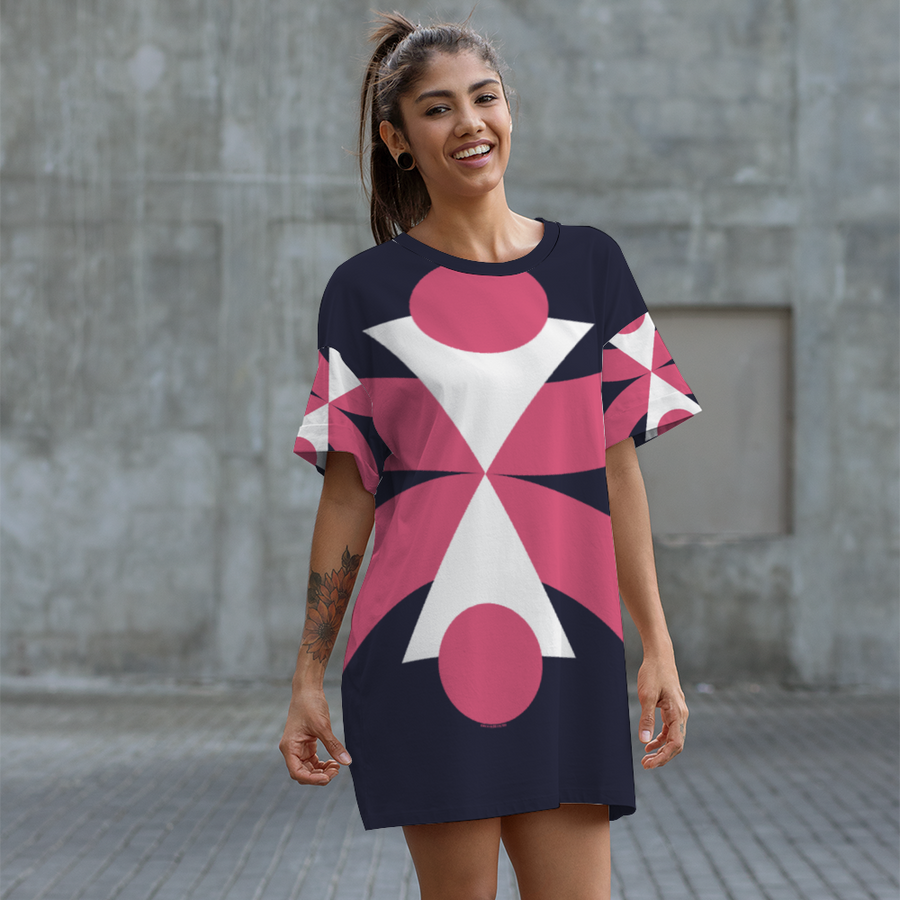 SBI QUEEN Women's V-neck Short Sleeve Mini Dress - Navy/Pink